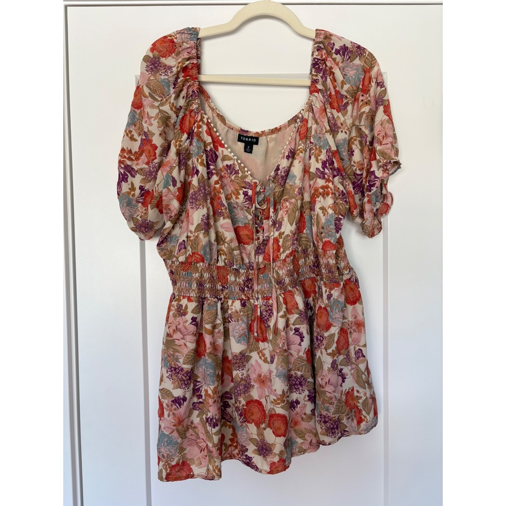 Torrid Floral Georgette Babydoll Milkmaid Smocked Waist Boho Lace Up Blouse 2X